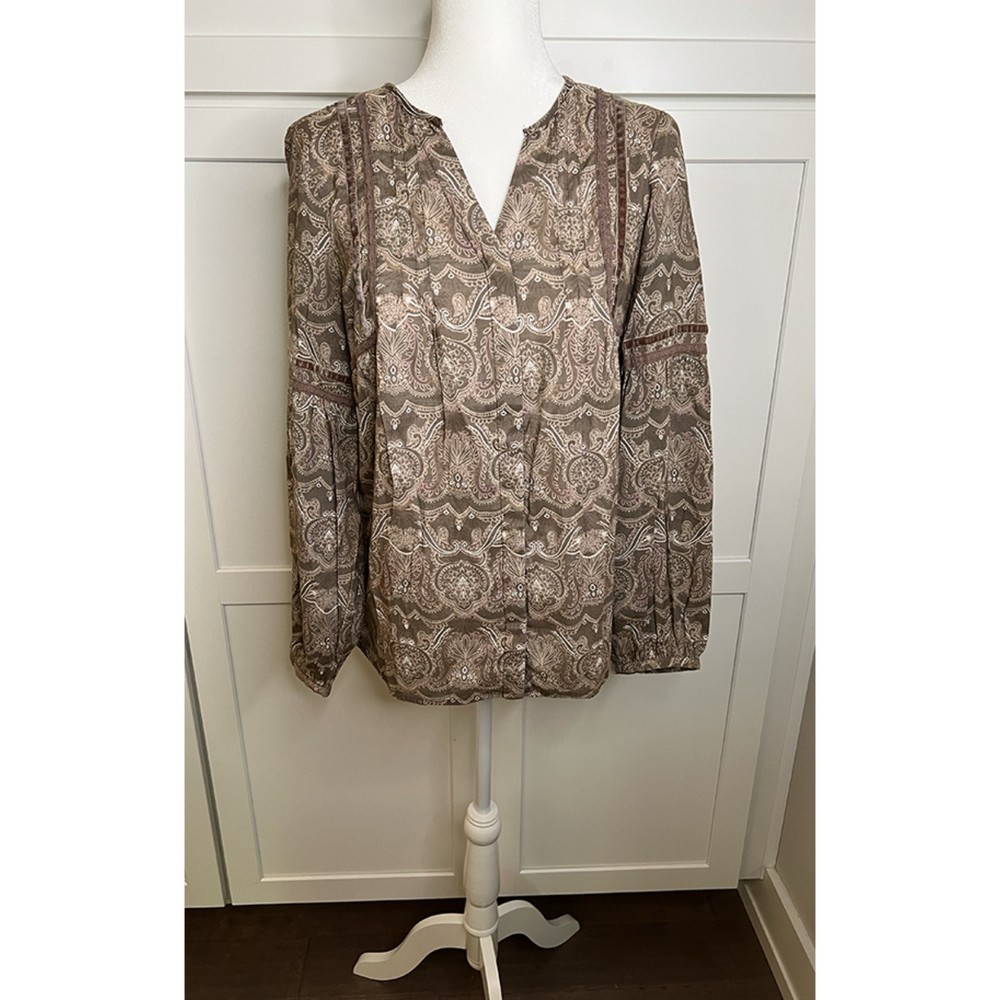 St. John's Bay Brown Paisley Long Sleeve Tunic Blouse Women's Size S